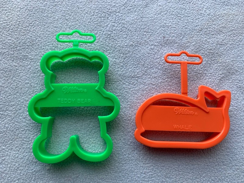 Wilton Cookie Cutters/1992 Green Teddy Bear/4 1/2 + 1993 Orange Whale-3 1/2"/NEW