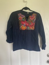 Floral embroidered pullover shirt from Guatemala indigo hand loomed huipil