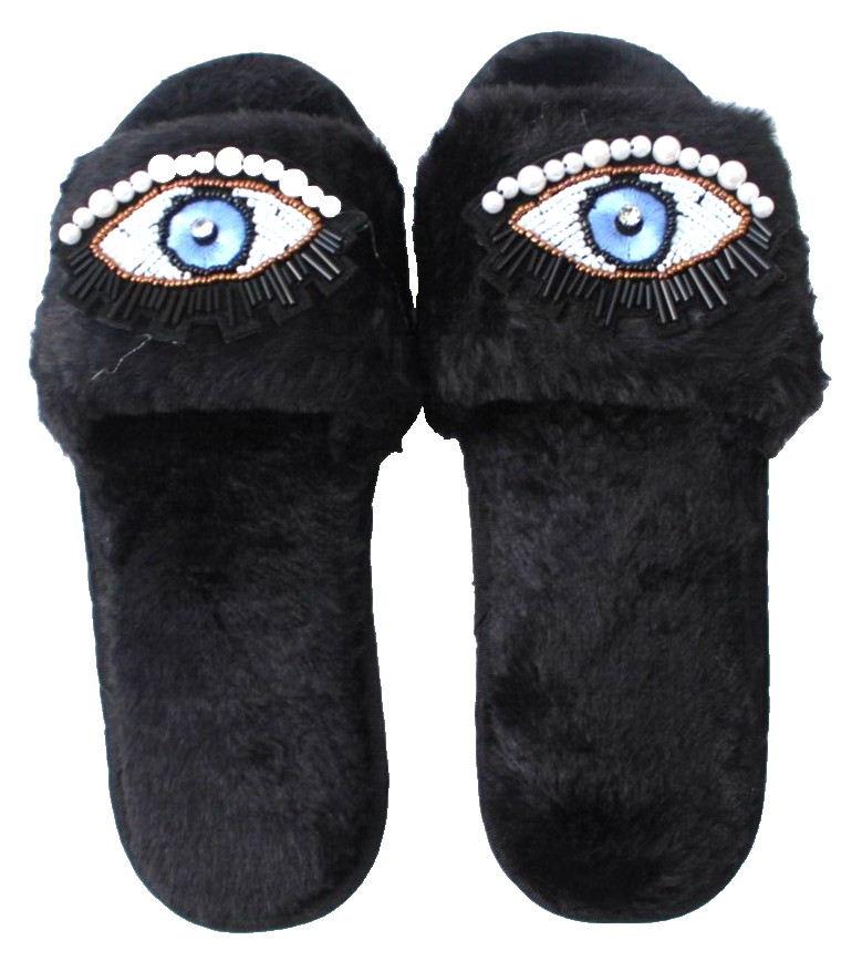SAOLA Nuove pantofole nere accoglienti per camera da letto con perline malocchio pelose con suola in gomma taglia 7 5. 8