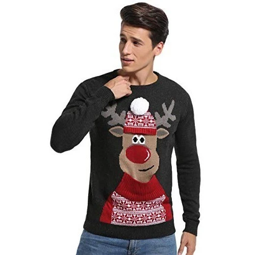 Men's Holiday Sweater Size XL Black Ugly Sweater Design Reindeer with Hat