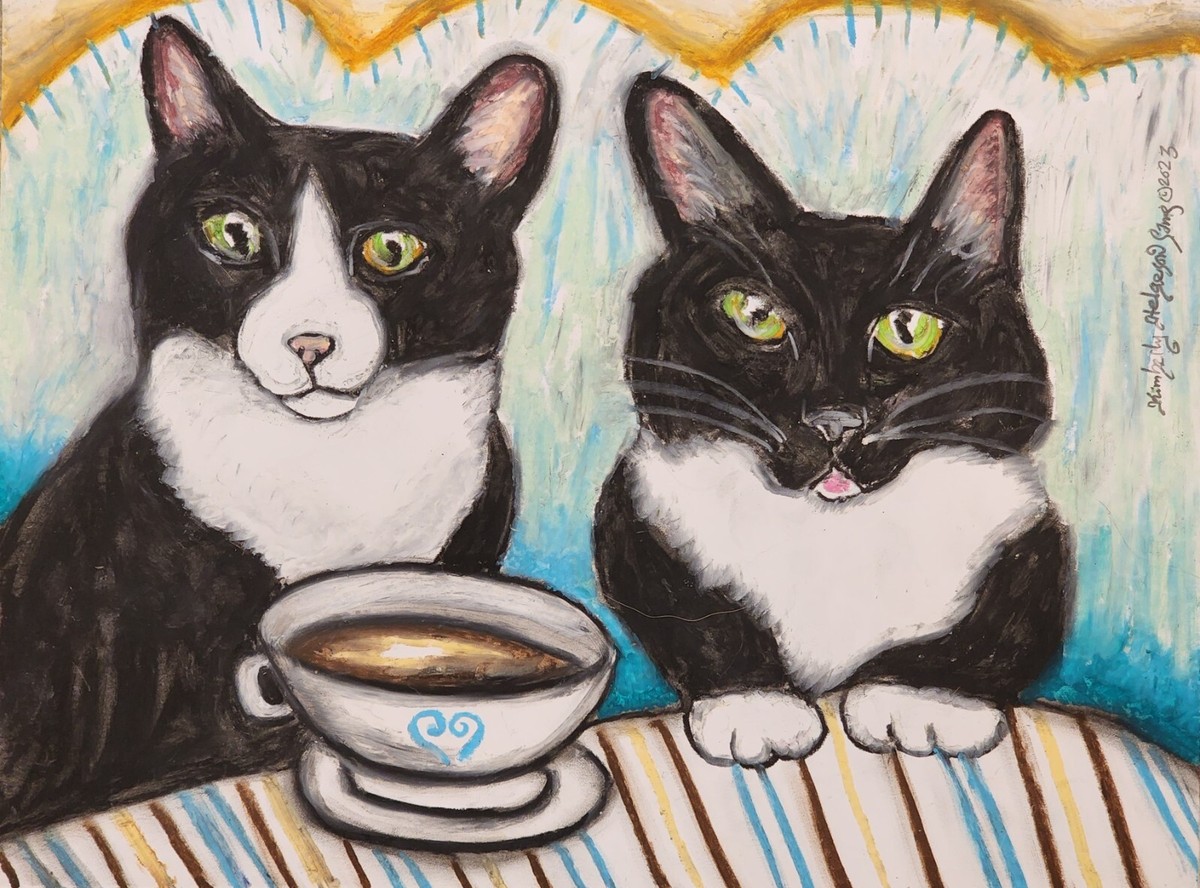TUXEDO CAT Drinking Coffee 4x6 Art Print Signed by Artist KHSams