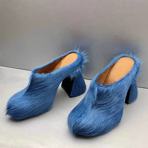 Zapatos de mula de crin de caballo con plataforma de tacón alto grueso talla grande para mujer - Imagen 21 de 31