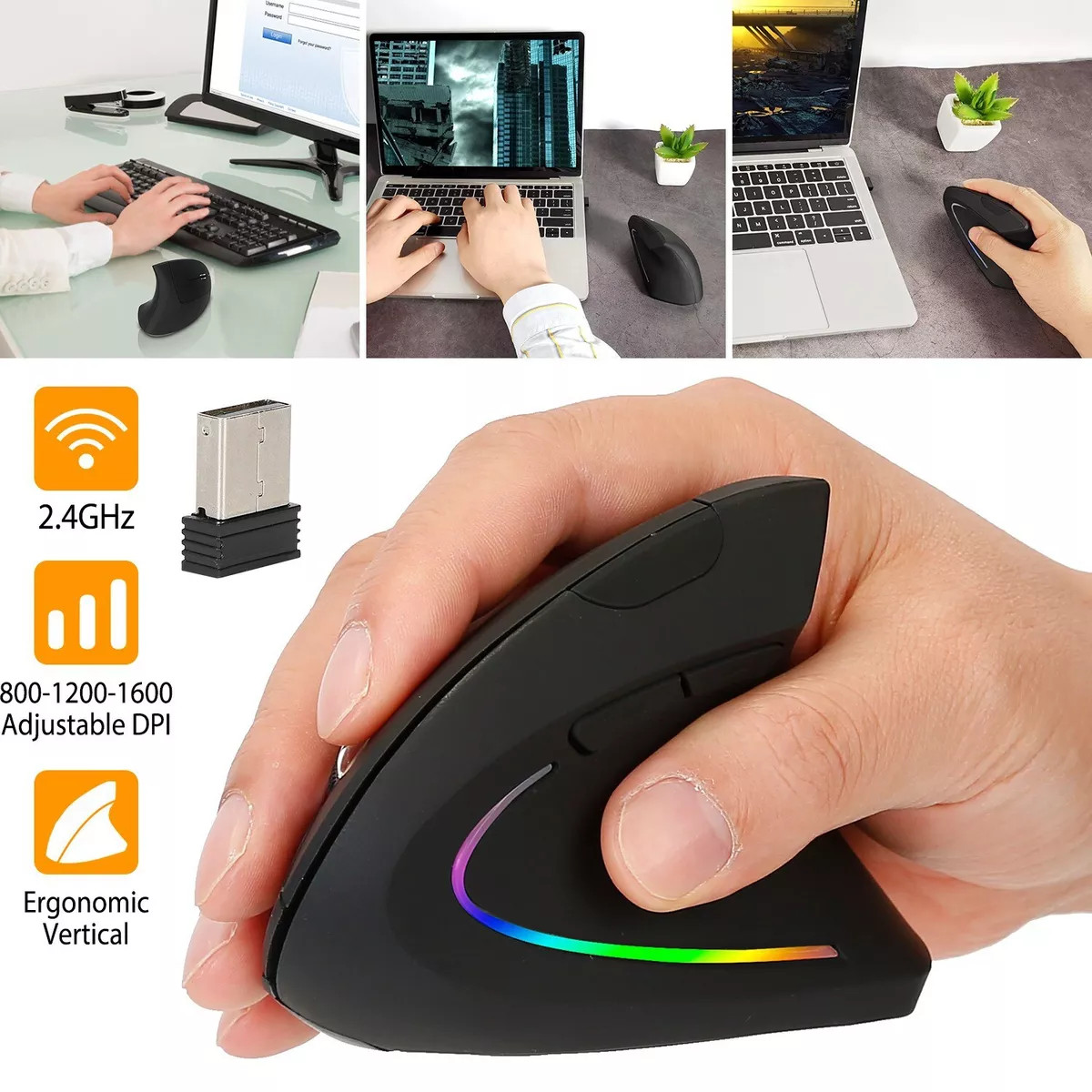 Anker 2.4G Wireless Vertical Ergonomic Optical Mouse, 800 / 1200 /1600 DPI,  5 Buttons for Laptop, Desktop, PC, Macbook - Black