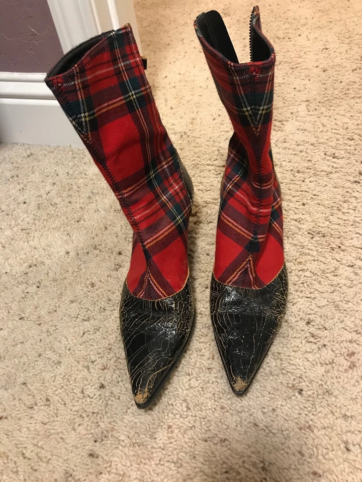 MIU MIU 复古中跟红色格纹格子靴 Y2K 羊毛 37 可爱皮革鞋头 — 第 3/4 张图片
