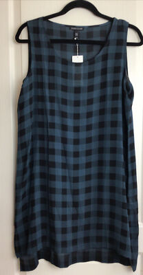 Eileen Fisher green & black buffalo check light weight silk tunic hi lo dress M
