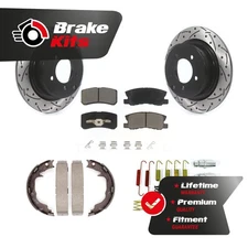 Rear Disc Drilled & Slotted Rotors Ceramic Pads Parking Shoes Hardware Kit For