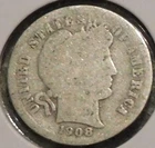 Silver Dime - Barber - 1908-D (Reverse is more worn.)