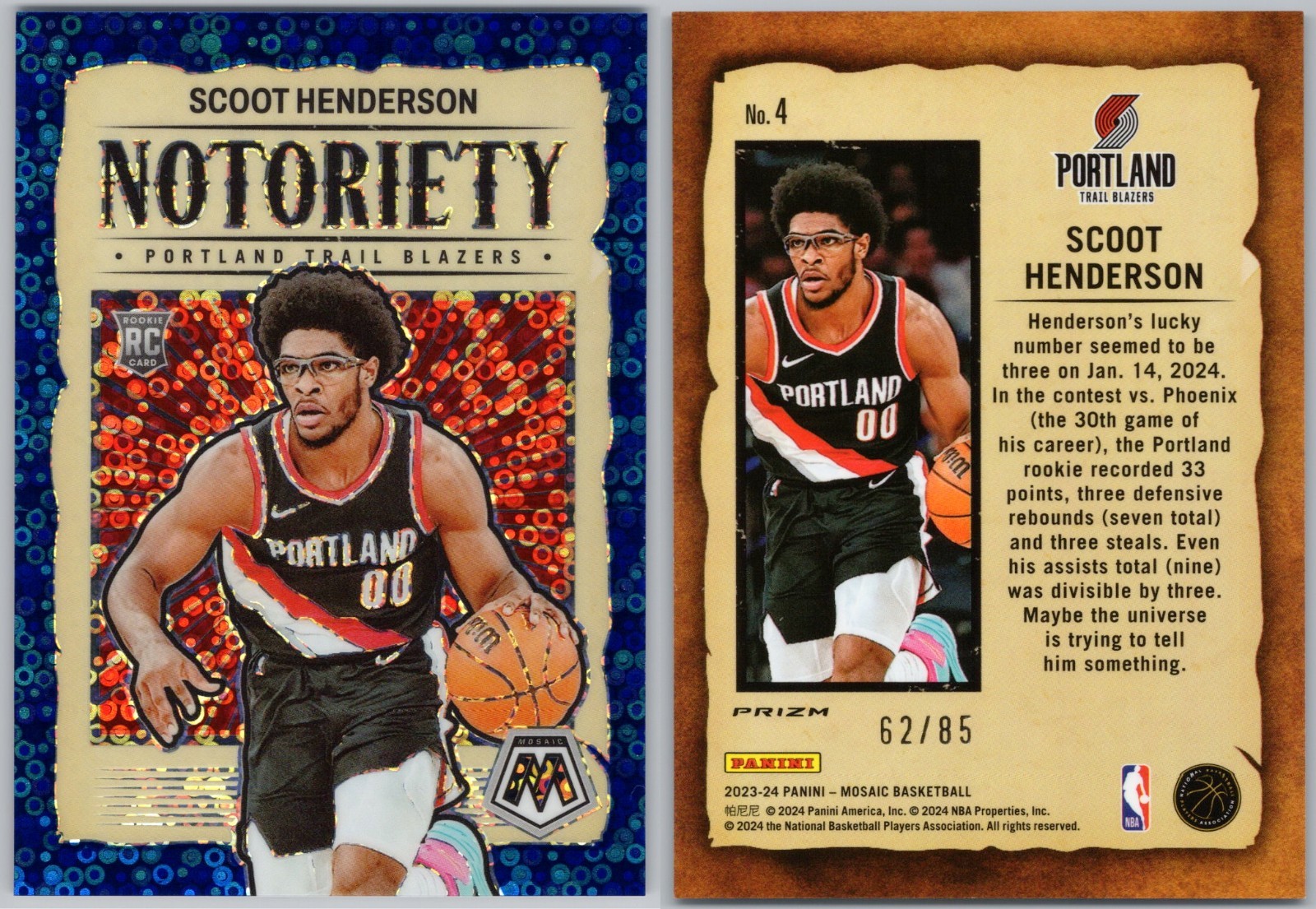 2023-24 Panini Mosaic Notoriety Blue Fastbreak /85 #4 Scoot Henderson RC Rookie