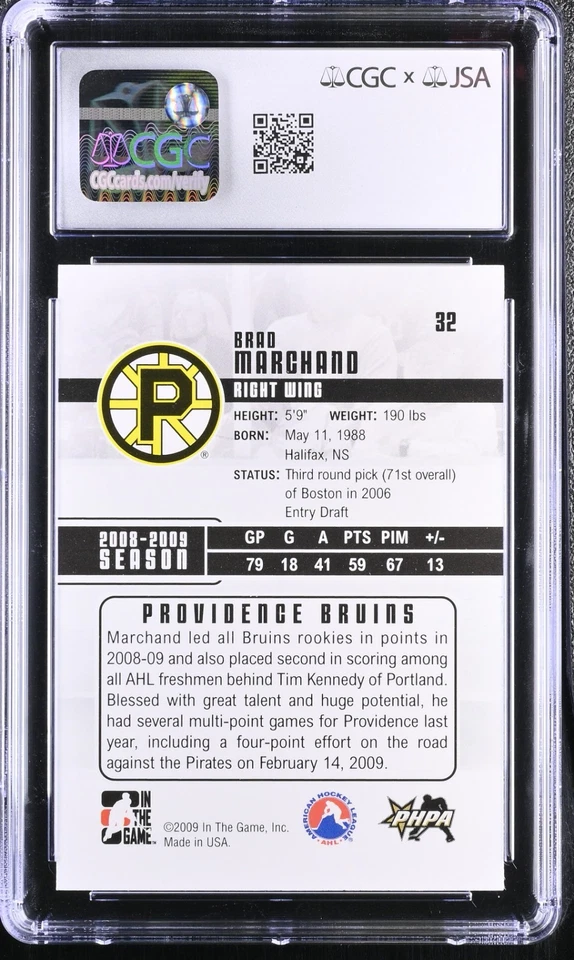 BRAD MARCHAND SIGNED 2009-10 IN THE GAME PROSPECTS CARD #32 CGC 10 JSA 10 AUTO - Image 2 of 2