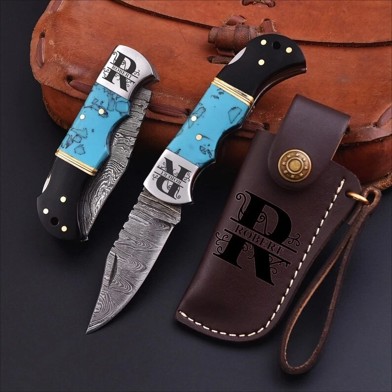 雕刻个性化定制手工edc大马士革折叠口袋刀,鞋套 — 第 3/4 张图片