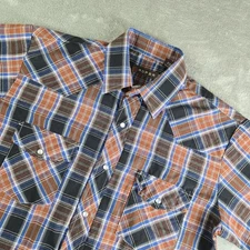 Roper Shirt Mens Medium Blue Black Orange Plaid Pearl Snap Short Sleeve Western