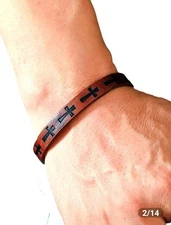 Artificial Brown Leather Bracelet with Crosses