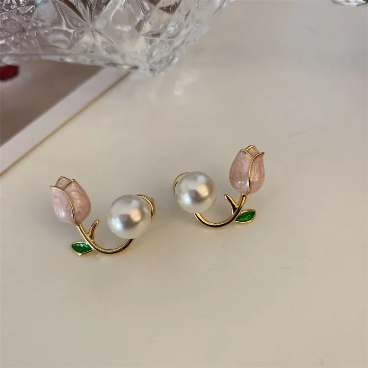 Tulip Pearl Stud Earrings Gold Stainless Steel Floral Elegant Women Gift