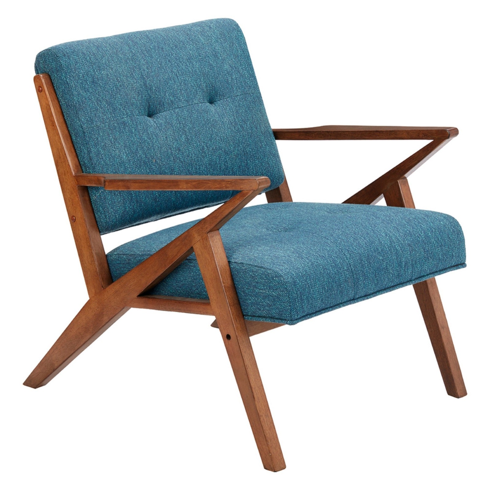 Tufted Blue Lounge Chair with Solid Wood Frame in Pecan Finish