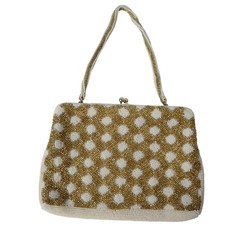 Vintage Seed Bead Evening Handbag Clutch Gold White Dot Kiss Lock 1950s Korea