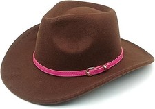 Brown Cowboy Cowgirl Western Felt Hat with Pink Band Buckle, Rodeo Party Costume