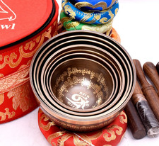 Set of 7 Full Mantra Etched Singing Bowls-Smooth Relaxing Sound