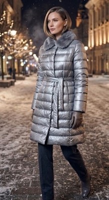VOYAGE BY MARINA RINALDI BIANCO DOWN COAT JACKET METALIC FUR COLLAR US-12 NWT