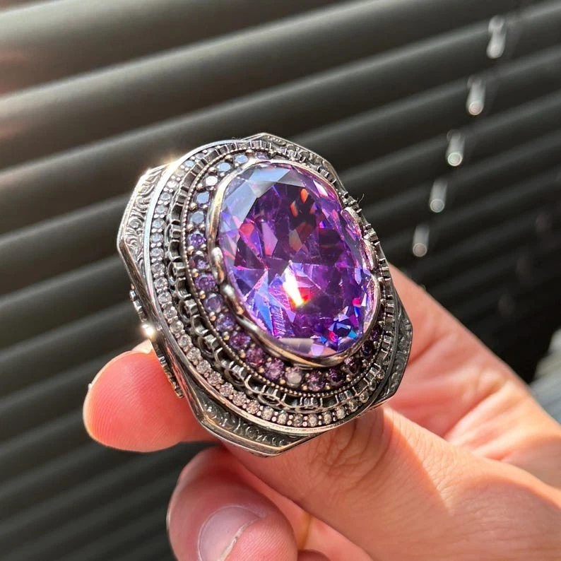 Anillo grande de plata 925 con piedras preciosas de amatista púrpura para hombre Foto 4 de 4
