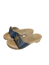 VTG Scholl The Original Sandals Womens Size 9 Blue Leather Wood Clogs Buckle