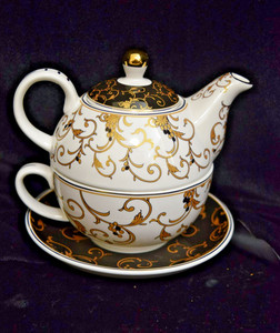 Grace Teaware Black Gold Scroll Fine Porcelain Tea For One Set