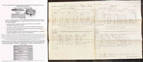 CIVIL WAR MARCH SEA/SHILOH WIA CAPT 45th IL INFANTRY BEN HOLCOMB DOCUMENT SIGNED