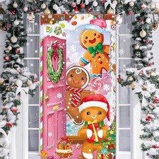 Christmas Door Cover Decoration Gingerbread House Door Banner Gingerbread Pink