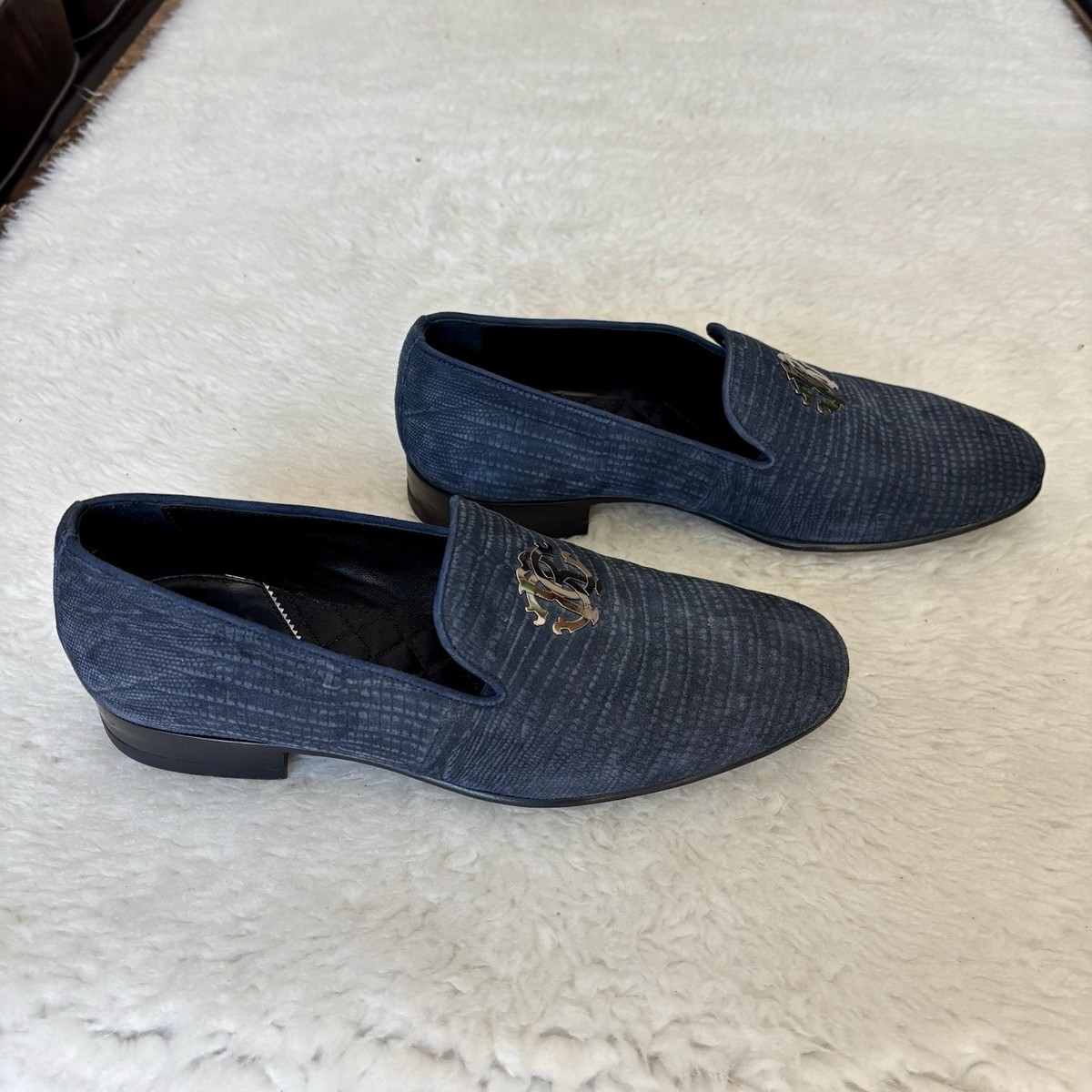 Roberto Cavalli Navy Textured Leather Slip-On Loafers with Silver Metal Logo 41 Roberto Cavalli for the classy men! New arrivals in store  main image 2