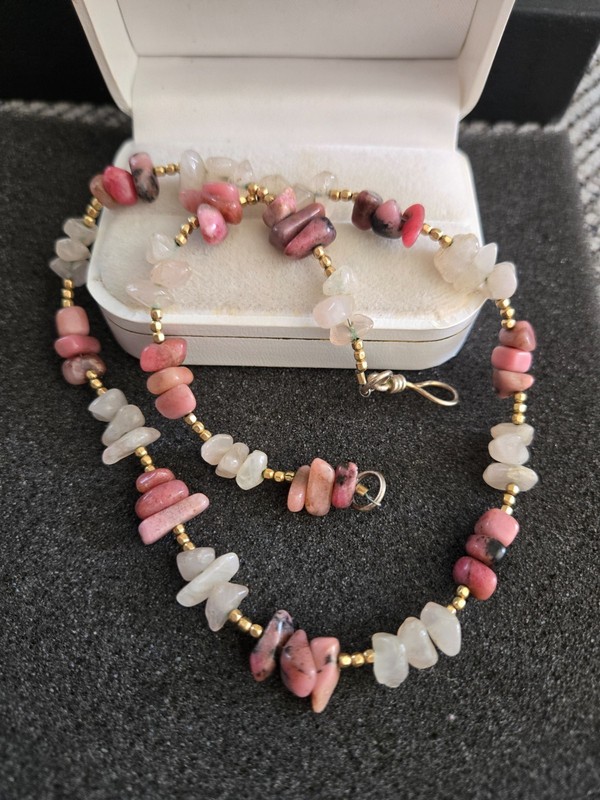 Vintage Gemstone Necklace Pink and White  -Gemstones Sterling Silver Clasp