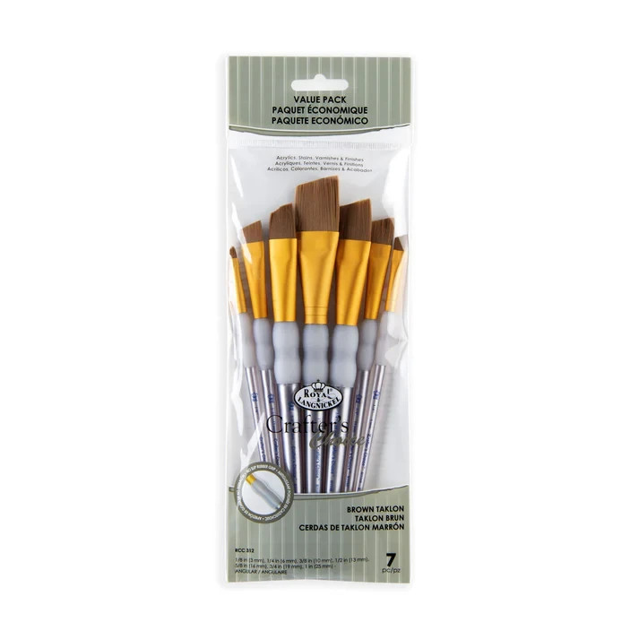 ROYAL & LANGNICKEL© CRAFTER'S CHOICE™ VALUE BROWN TAKLON ANGULAR BRUSH SET 7PCS