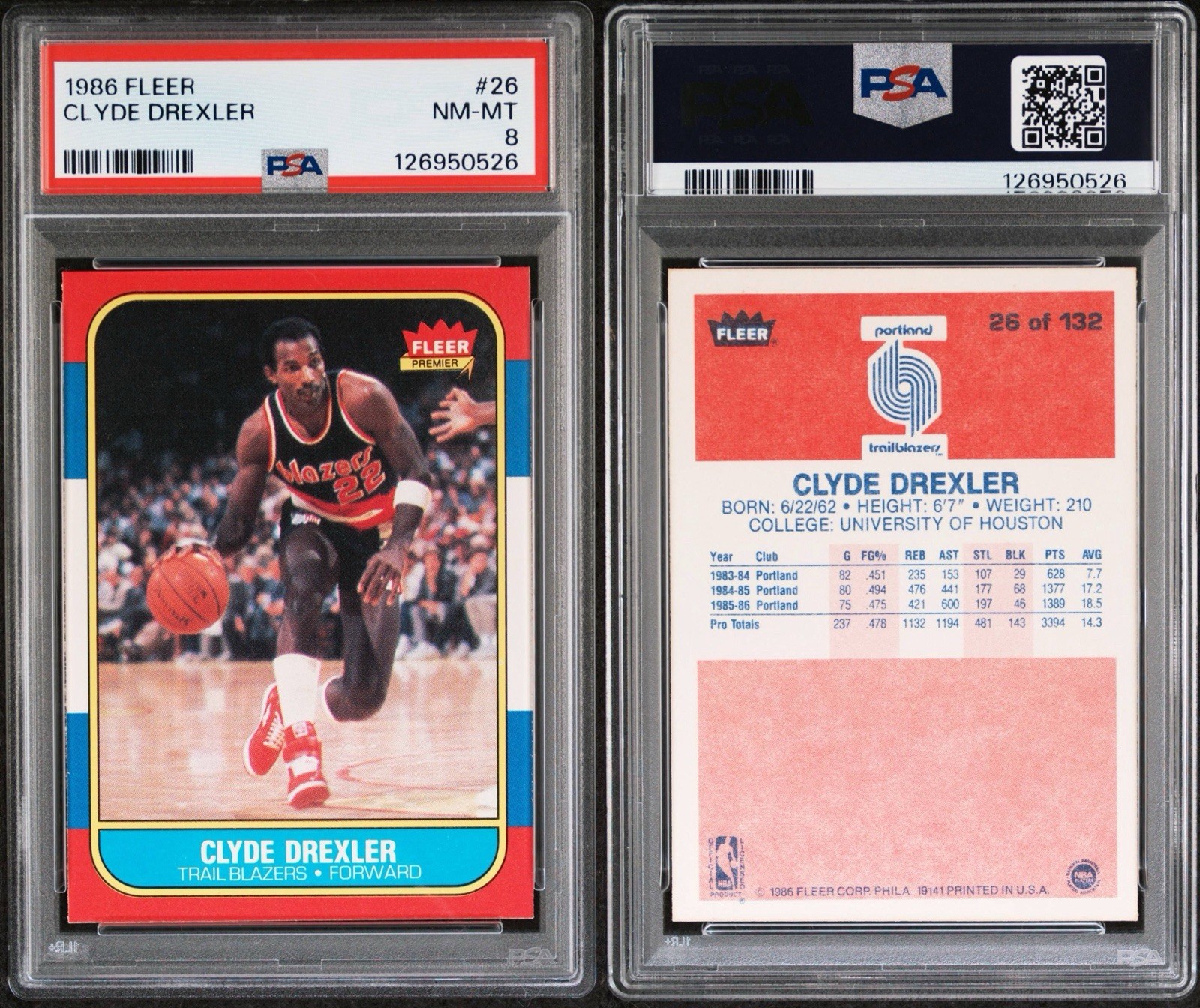 1986-87 Fleer #26 Clyde Drexler Rookie PSA 8 NM-MT HOF - New Cert.