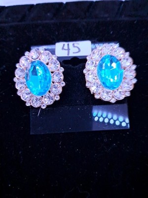 Aqua Oval Surrounded By Small Clear Custom Rhinestone Earrings For Pierced Ear