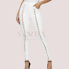 Women  s Premium Sheepskin Leather Pants White Lace Up Skinny High Waisted LAMBS