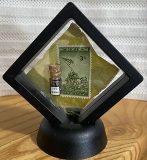 WW2 Original Iwo Jima Volcanic Black Ash Sand Swatch of Silk & U.S.3 cent Stamp