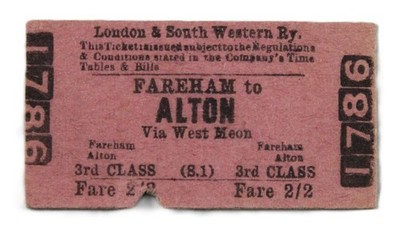 1908 LSWR FAREHAM nach ALTON über WEST MEON EDMONDSON EISENBAHNTICKET DRITTE KLASSE
