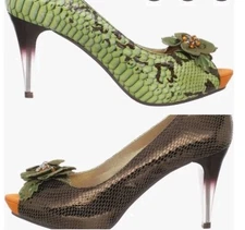 Mob Wife Peep Toe Stilettos 6.5/7 37 Leather Snakeskin Flower Office Siren Sexy