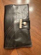 checkbook leather cover black snap close wallet pen holder pockets authentic