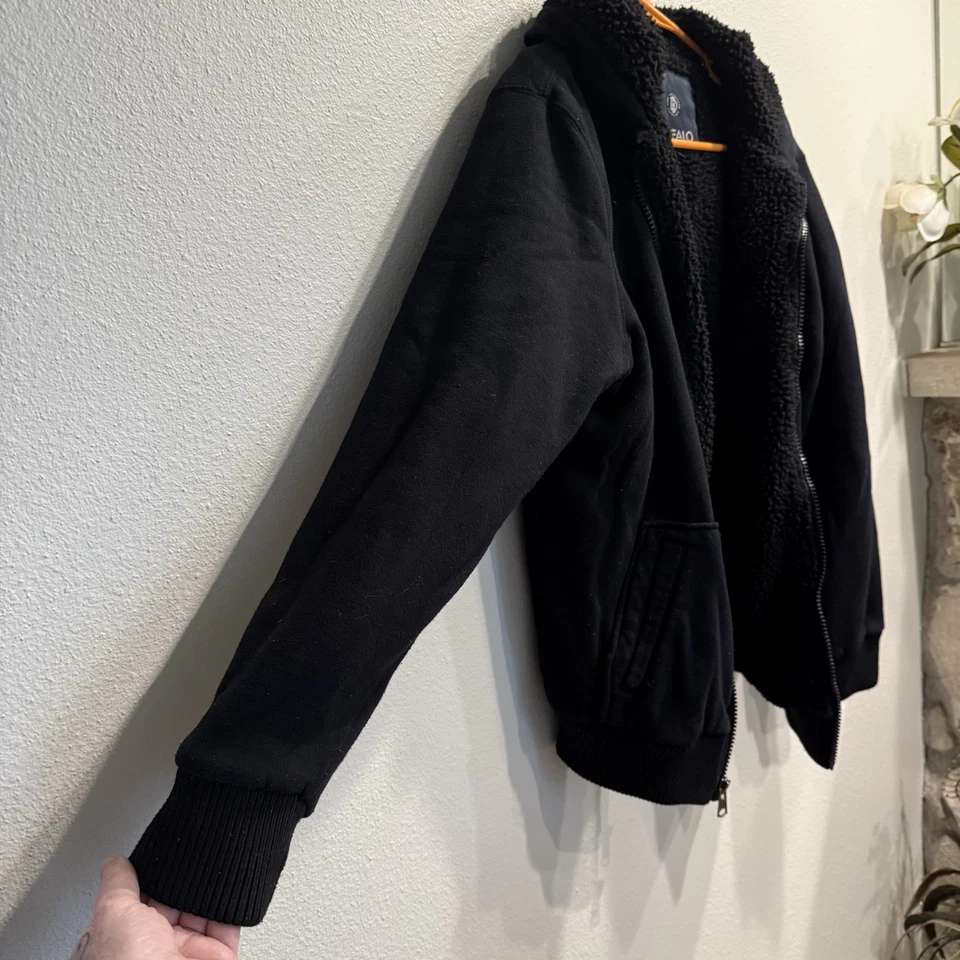 Chaqueta Buffalo David Bitton Para Hombre Mediana Negra Forrada Sherpa Cremallera Completa Sudadera con Capucha Parche Foto 4 de 4