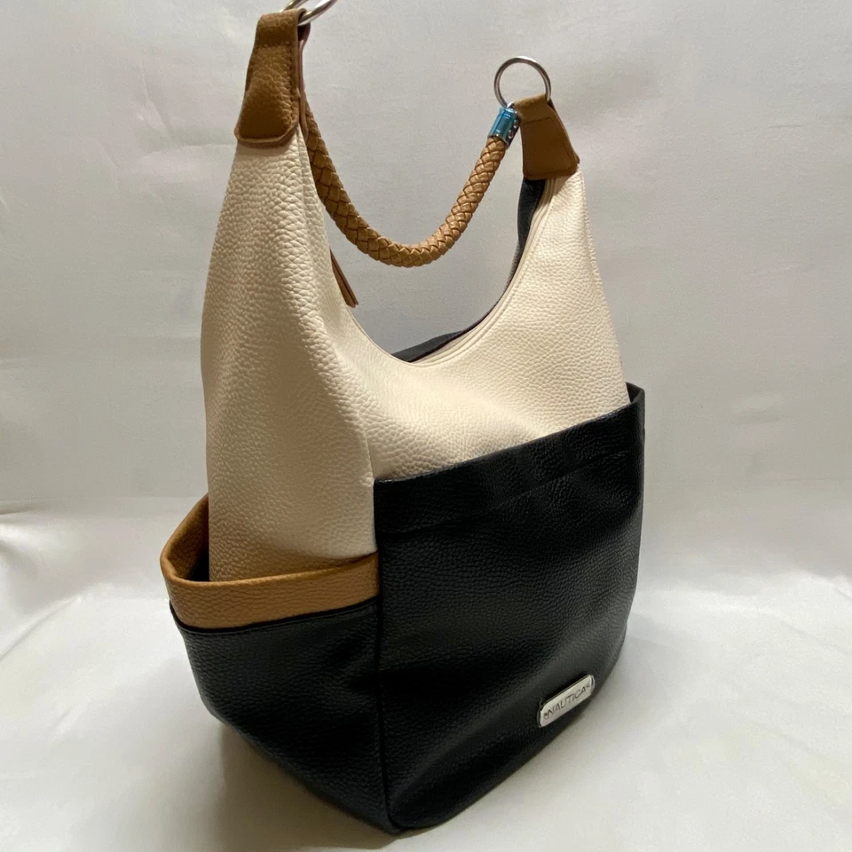 Bolsa de ombro Nautica Port O Call Slouchy Hobo preta bronzeada marfim nova sem etiquetas (Leia) - Imagem 3 de 4