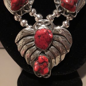 Jewelry Coin Silver (.900) & Genuine RED RHODONITE Squash Blossom Necklace