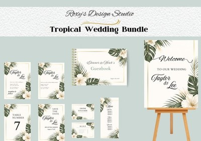 Personalisierte tropische Hochzeitseinladungen Paket Gästebuch A3 Schild RSVP Menüs
