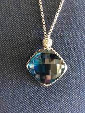 David Yurman Sterling Silver Blue Topaz Cushion on Point Diamond Pendant 
