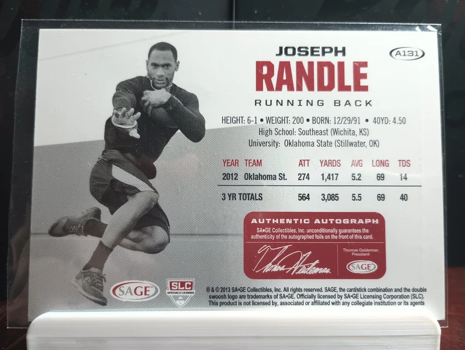 2013 SAGE Gold Autograph SP /250 #A131 Joseph Randle - Image 3 of 4