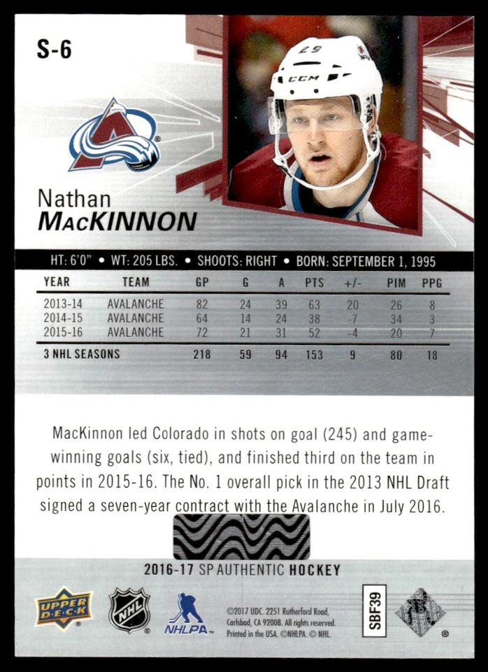 2016-17 SP Authentic Spectrum FX Nathan MacKinnon Colorado Avalanche #S-6 - Image 2 of 2