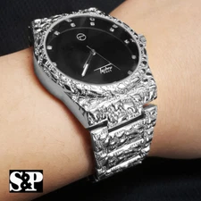 New Mens Luxury Urban Hip Hop Silver Nugget Bling Black Dial Wrist Dress Watch