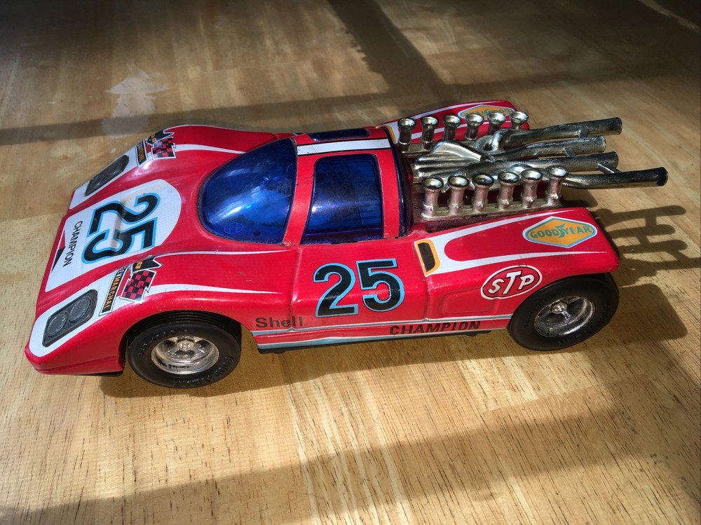 Vintage STP #25 Champion Porsche 917 S.E.V. Marchal Battery Tin Toy Race Car