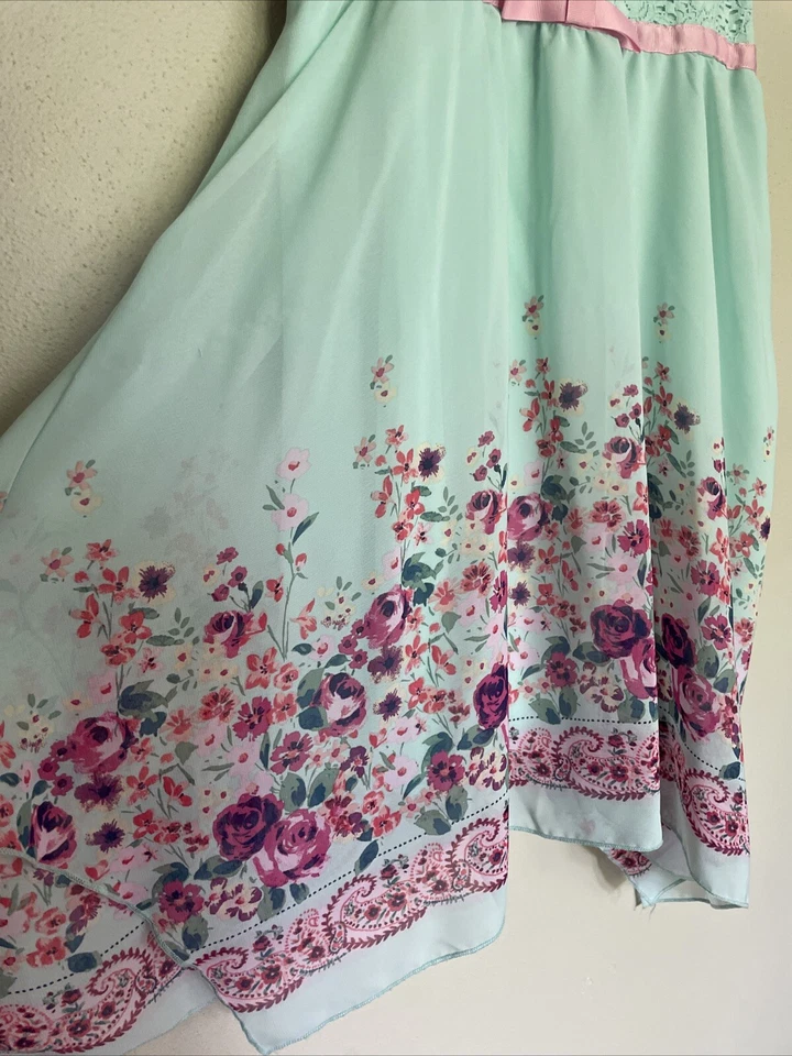 Vestido Rosa Violeta Niñas Verde Azulado Encaje Superpuesto Top Floral Dobladillo Alto Bajo XL 14/16 Foto 2 de 4