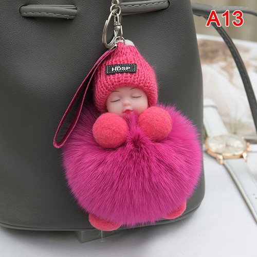 Pompom Sleeping Baby Keychain Cute Fluffy Plush Doll Keycha>~E - Picture 25 of 29