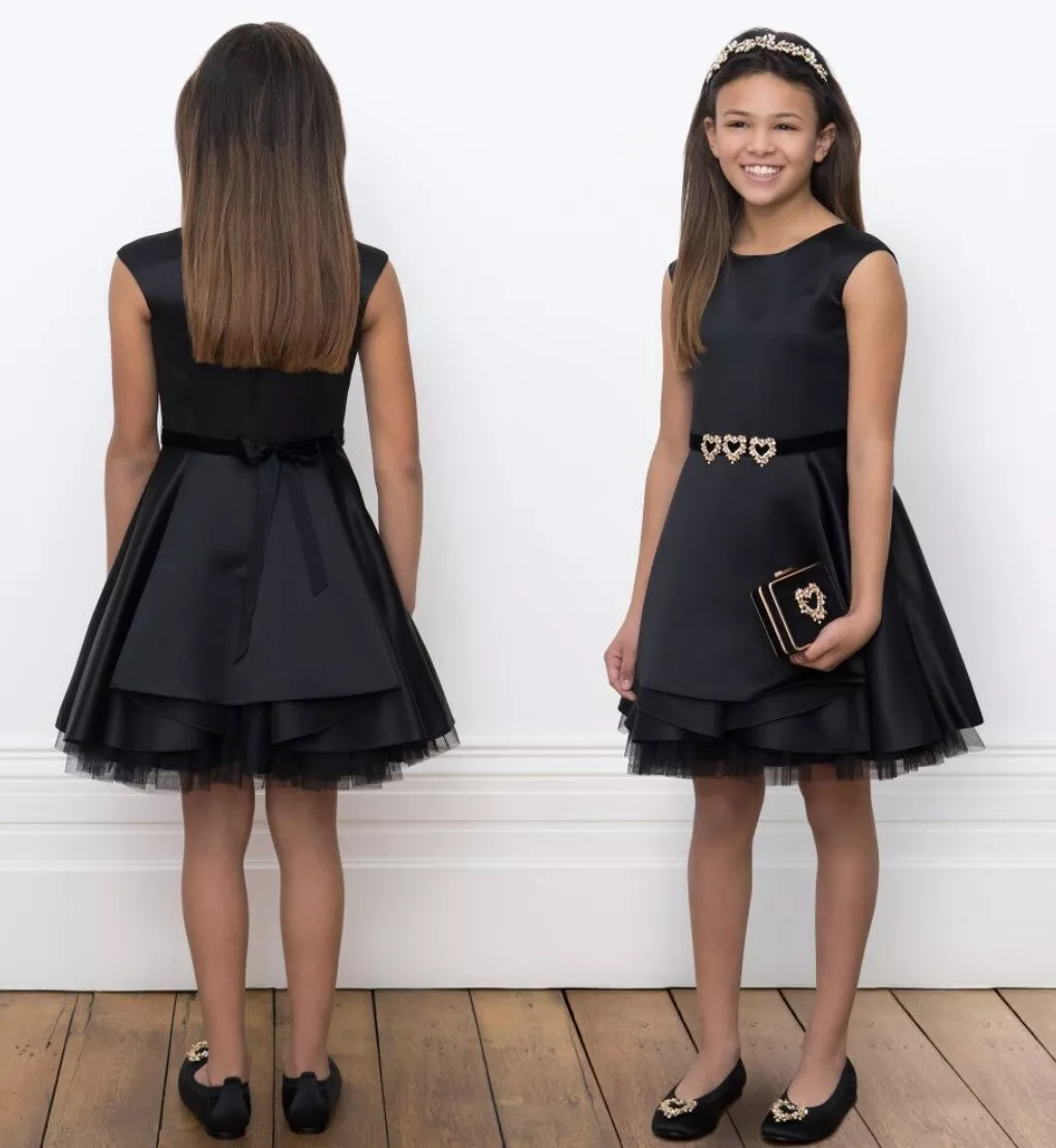 David Charles Gold Label Girls Sz 16 Black Satin Dress w Gold Hearts $367