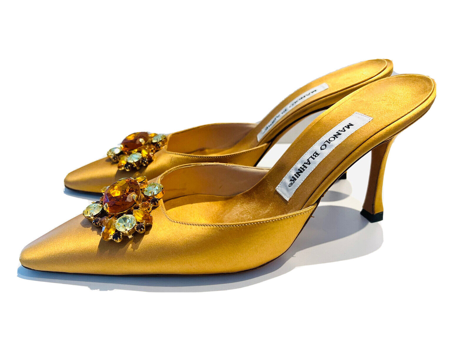 Manolo Blahnik Yellow Mustard Satin Crystal Flower Mules Heels